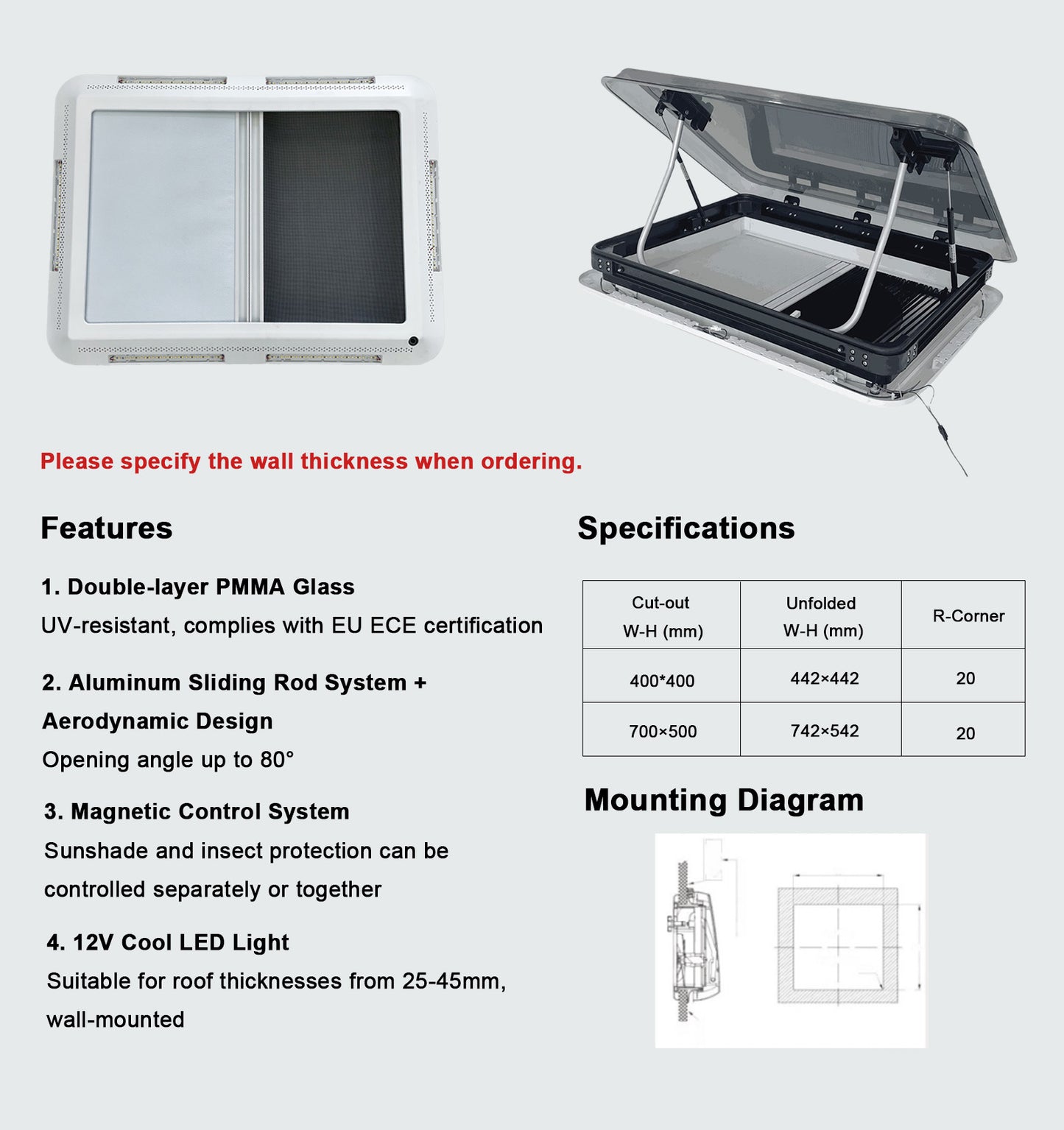RV Camper Skylight Replacement with Built-in Shade & Mosquito Net, Noise-Reducing UV-Resistant Double-Layer PMMA Glass, 12V LED Light, Pneumatic Lift Arm, Fits 27.6"×19.7"