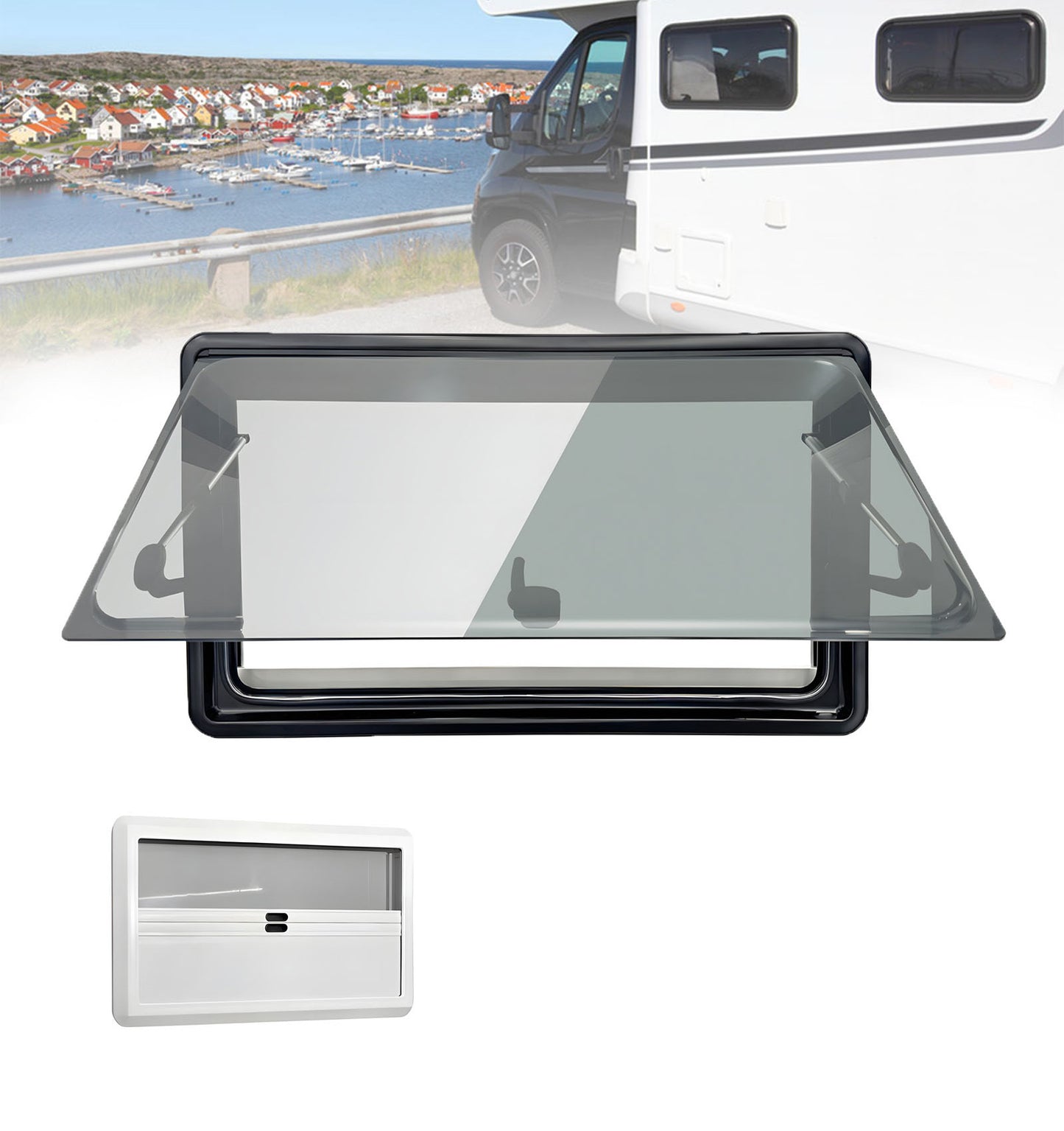 Replacement RV Exit Window: External Push Casement Windows with Integrated Blinds and Fly Screens, Compatible with All Vehicle Types (Wall Thickness Required)(500x350mm)