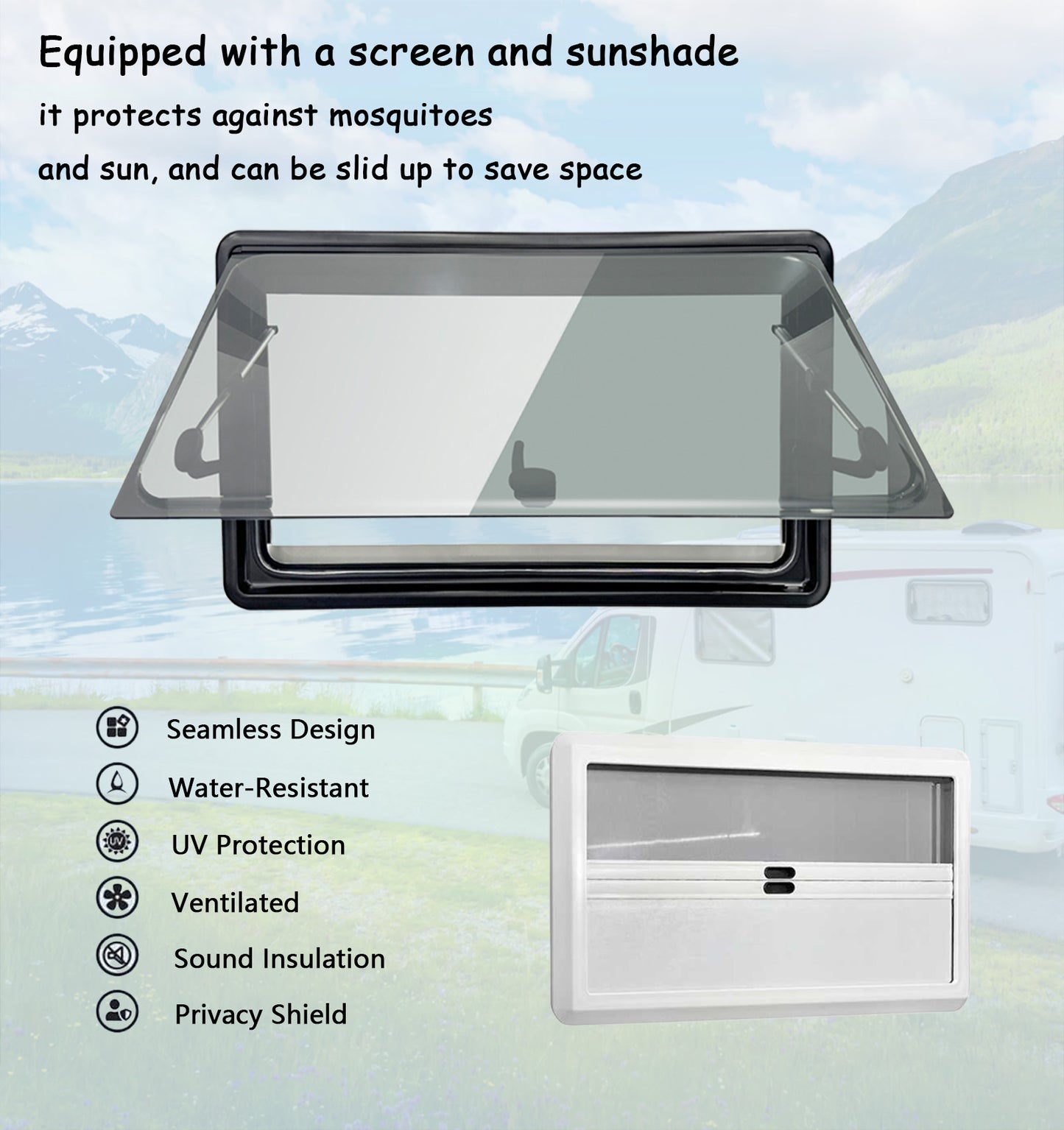 Replacement RV Exit Window: External Push Casement Windows with Integrated Blinds and Fly Screens, Compatible with All Vehicle Types (Wall Thickness Required)(500x350mm)