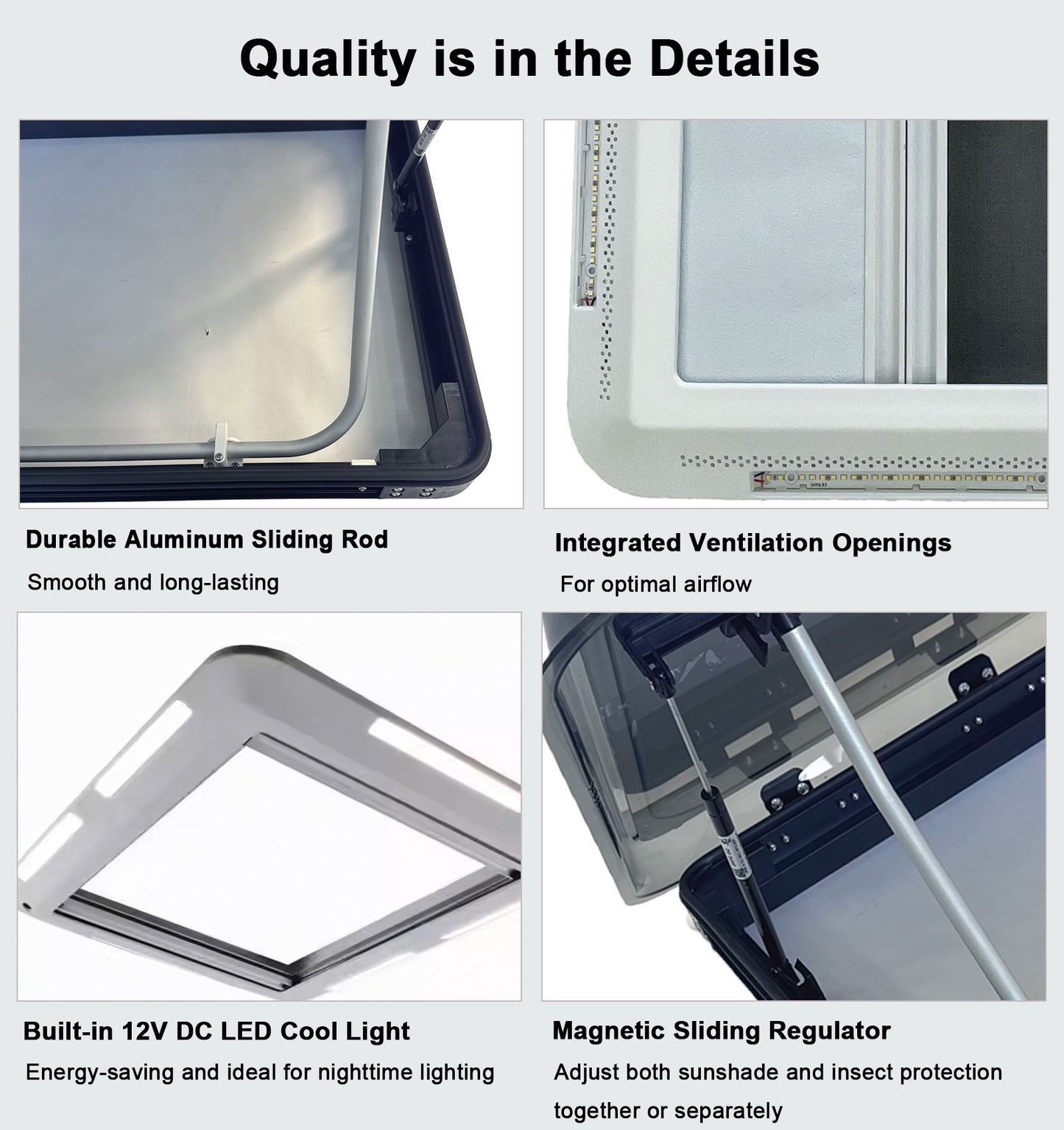 RV Camper Skylight Replacement with Built-in Shade & Mosquito Net, Noise-Reducing UV-Resistant Double-Layer PMMA Glass, 12V LED Light, Pneumatic Lift Arm, Fits 27.6"×19.7"