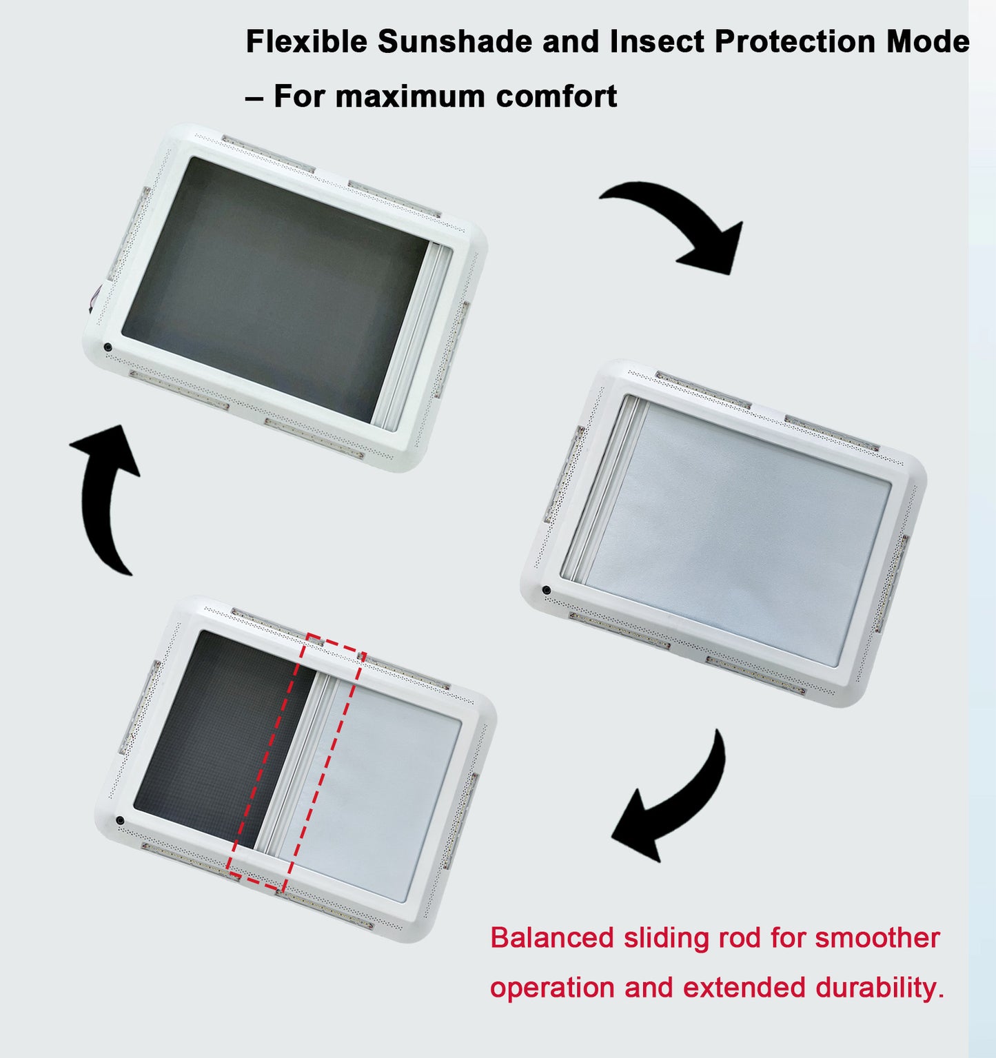 RV Camper Skylight Replacement with Built-in Shade & Mosquito Net, Noise-Reducing UV-Resistant Double-Layer PMMA Glass, 12V LED Light, Pneumatic Lift Arm, Fits 27.6"×19.7"