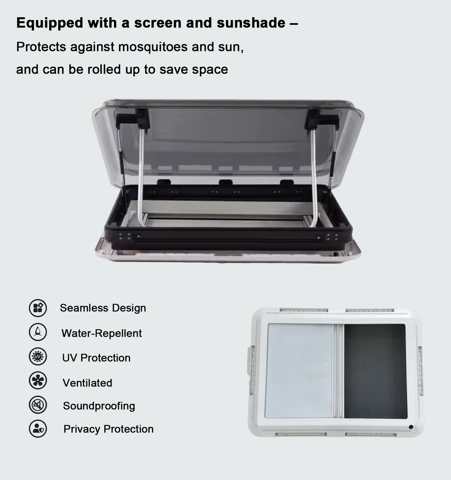 RV Camper Skylight Replacement with Built-in Shade & Mosquito Net, Noise-Reducing UV-Resistant Double-Layer PMMA Glass, 12V LED Light, Pneumatic Lift Arm, Fits 27.6"×19.7"