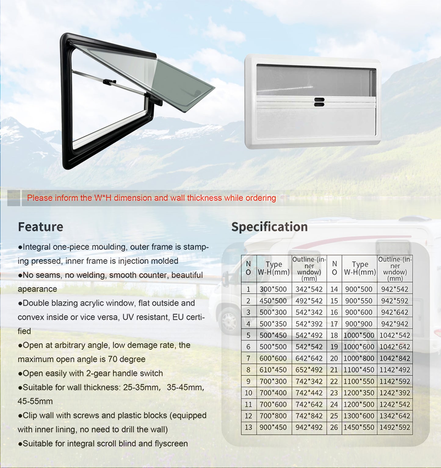 Replacement RV Exit Window: External Push Casement Windows with Integrated Blinds and Fly Screens, Compatible with All Vehicle Types (Wall Thickness Required)(500x350mm)