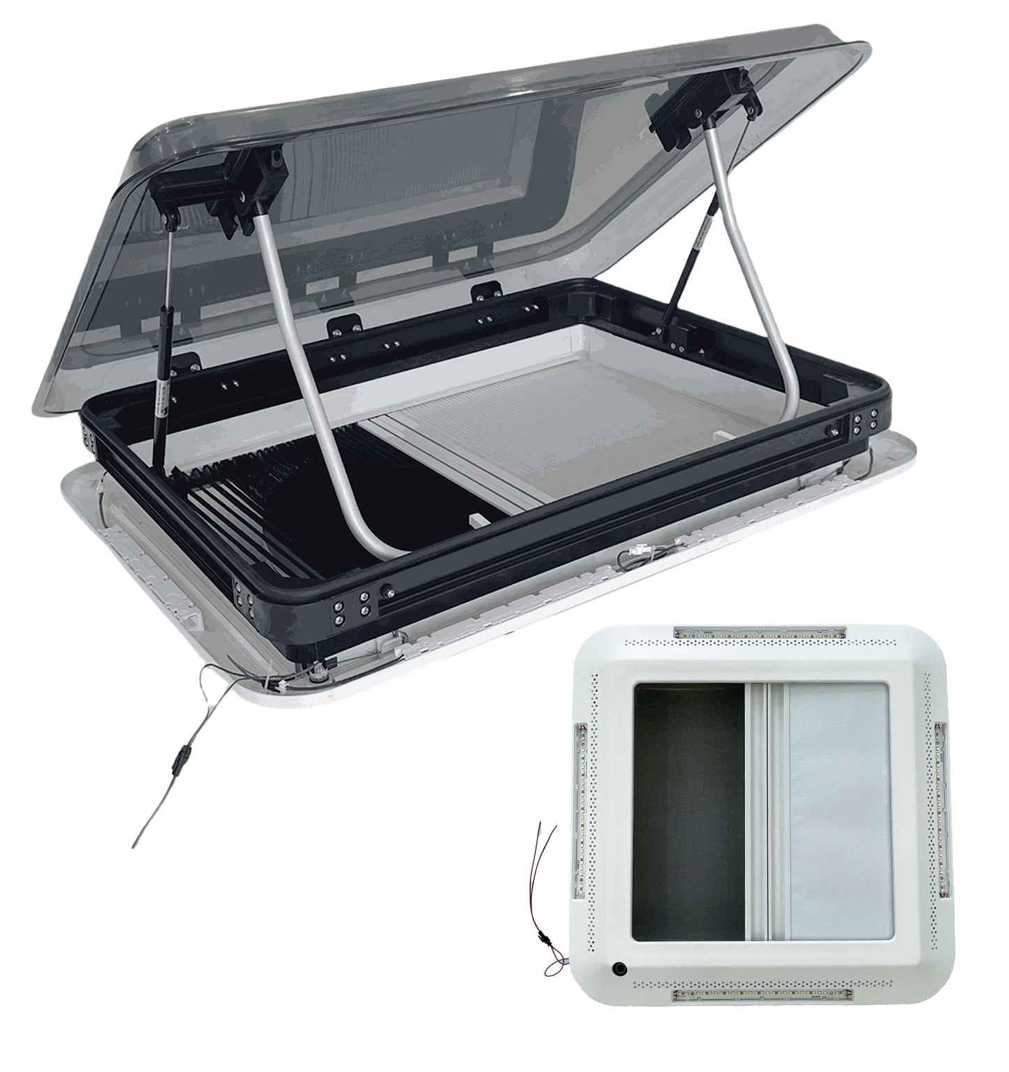 RV Camper Skylight Replacement with Built-in Shade & Mosquito Net, Noise-Reducing UV-Resistant Double-Layer PMMA Glass, 12V LED Light, Pneumatic Lift Arm, Fits 27.6"×19.7"